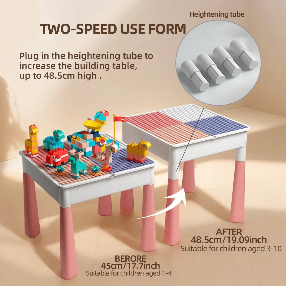 Toy Linx heightening table with building blocks and heightening tube on a beige background