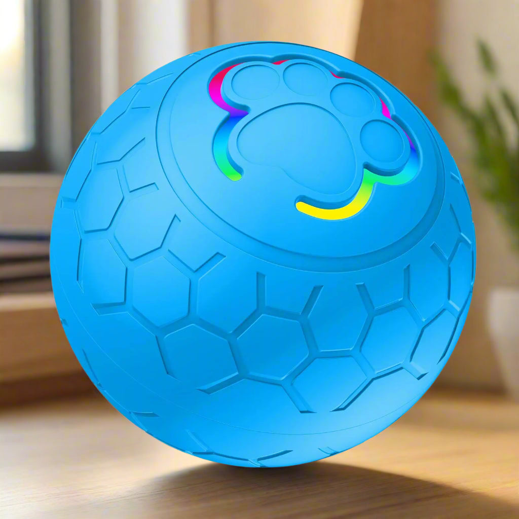 Blue textured ball with colorful design on a white background