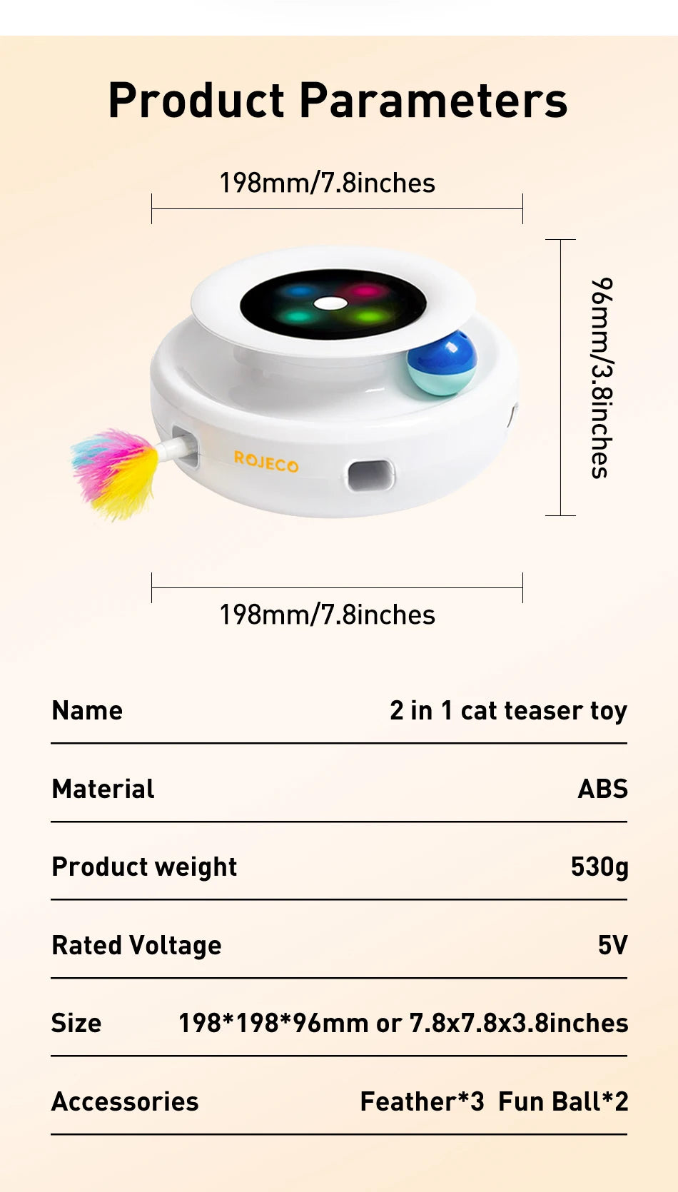 ROJECO 2-in-1 Cat Teaser Toy with Feather Wand & Fun Balls