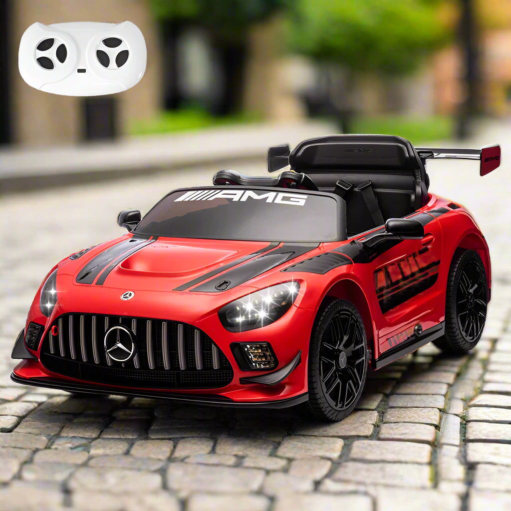 Red toy car with Mercedes-Benz logo and AMG branding on a white background