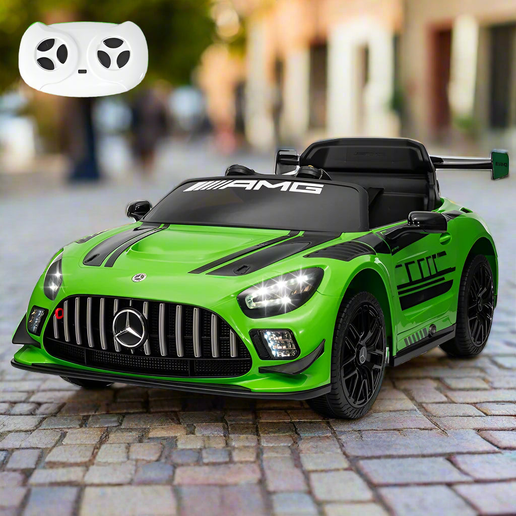 Green toy car with Mercedes-Benz logo and AMG branding on a white background
