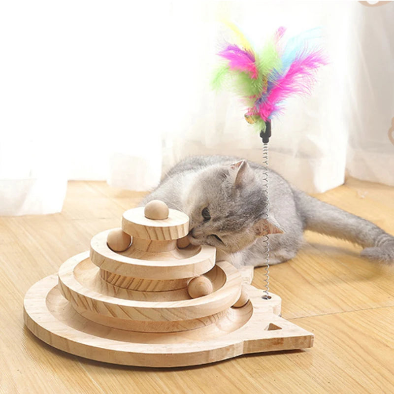Wooden Multi-Level Cat Toy Tower with Disc