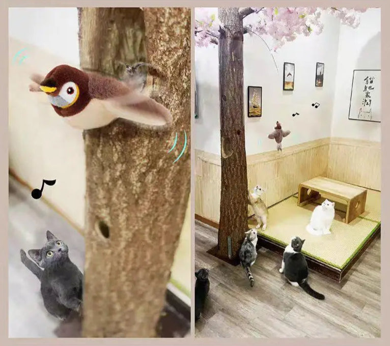 Collage of a cat playing with a bird-shaped toy and a tree-like structure in a room.
