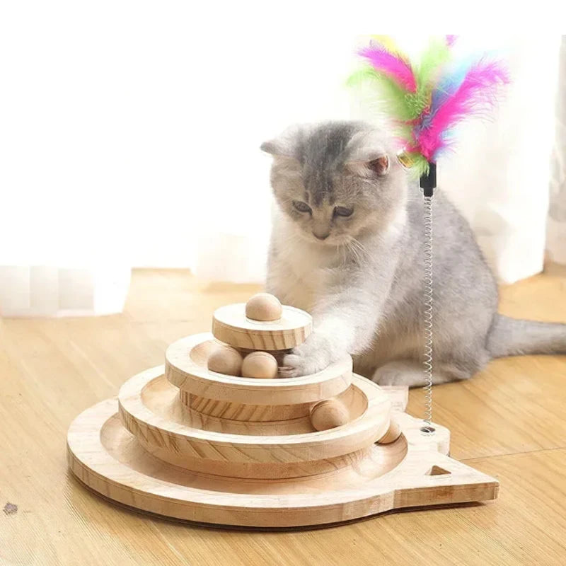 Wooden Multi-Level Cat Toy Tower with Disc