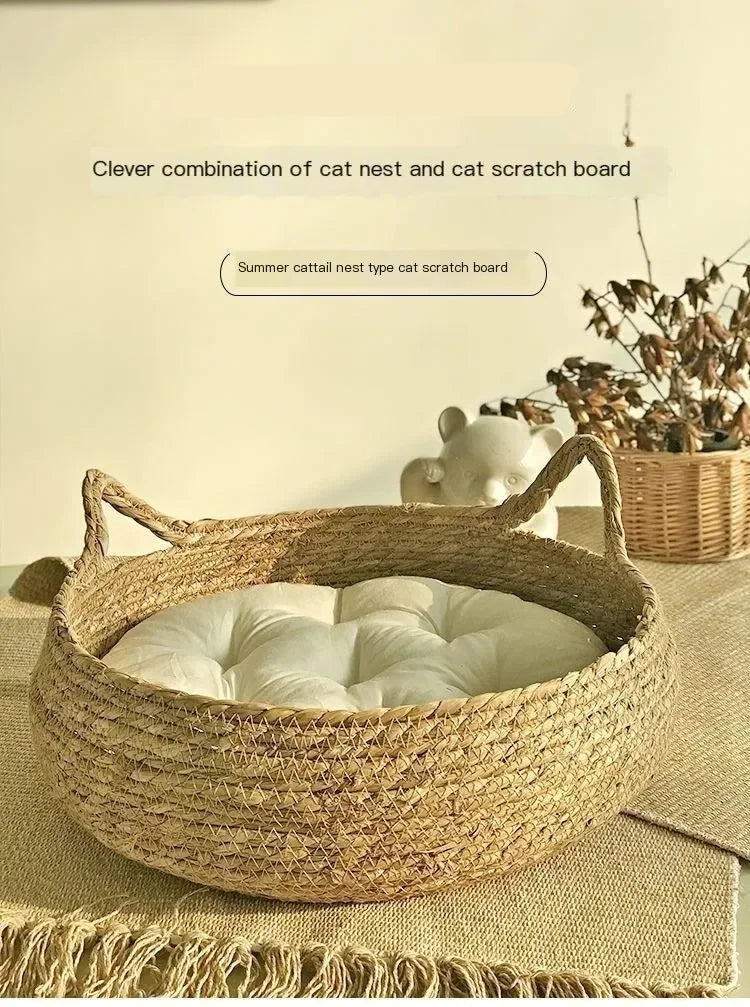 Woven cat bed with white cushion on a neutral background