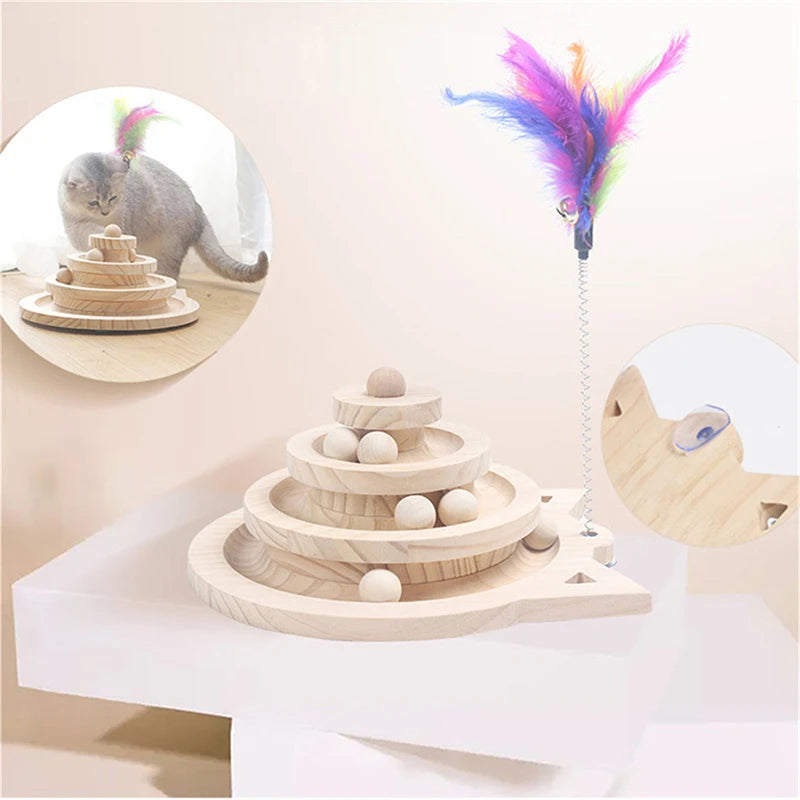 Wooden Multi-Level Cat Toy Tower with Disc
