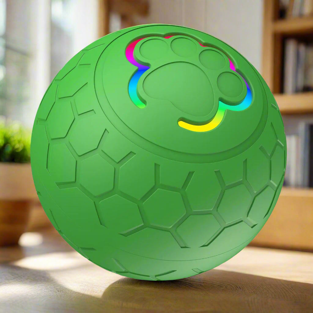 Green textured ball with colorful design on a white background
