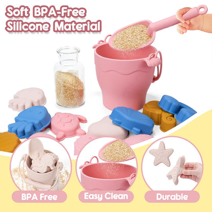 8-Piece Silicone Beach Toy Set for Kids – Bucket & Sand Molds | Tots N Paws