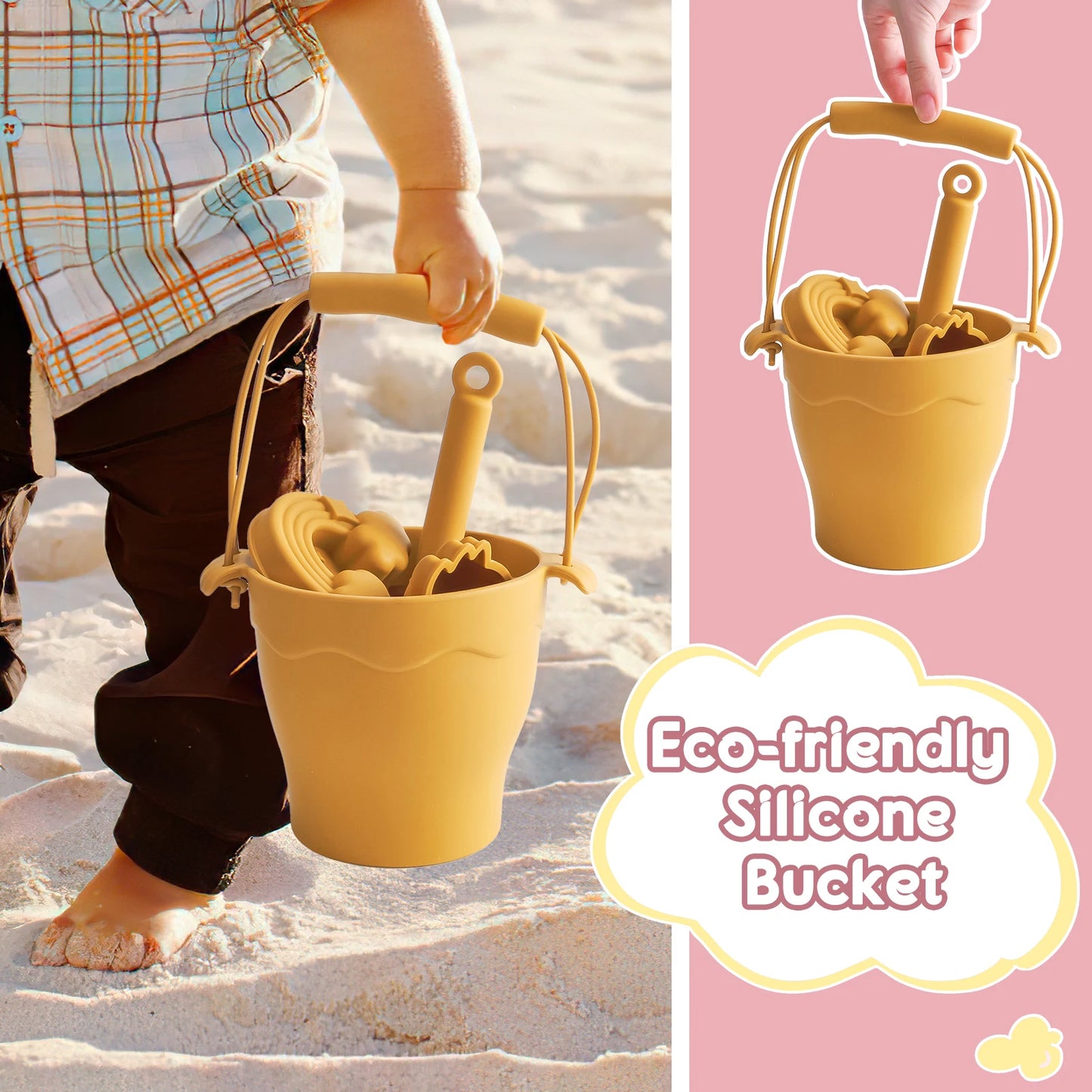 8-Piece Silicone Beach Toy Set for Kids – Bucket & Sand Molds | Tots N Paws