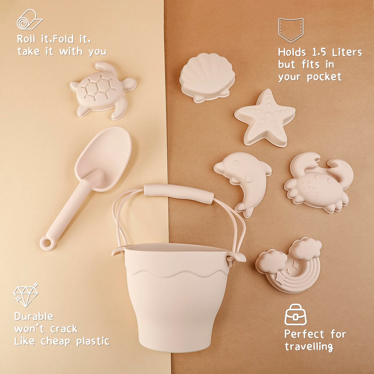 8-Piece Silicone Beach Toy Set for Kids – Bucket & Sand Molds | Tots N Paws