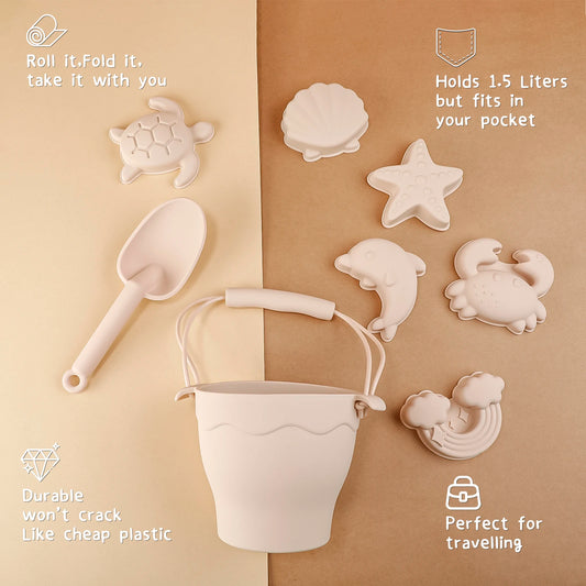 8-Piece Silicone Beach Toy Set for Kids – Bucket & Sand Molds | Tots N Paws