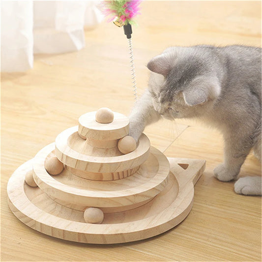 Wooden Multi-Level Cat Toy Tower with Disc