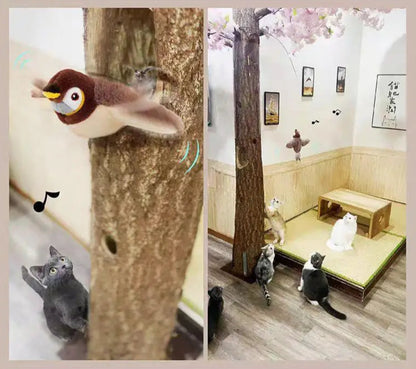Collage of a cat playing with a bird-shaped toy and a tree-like structure in a room.