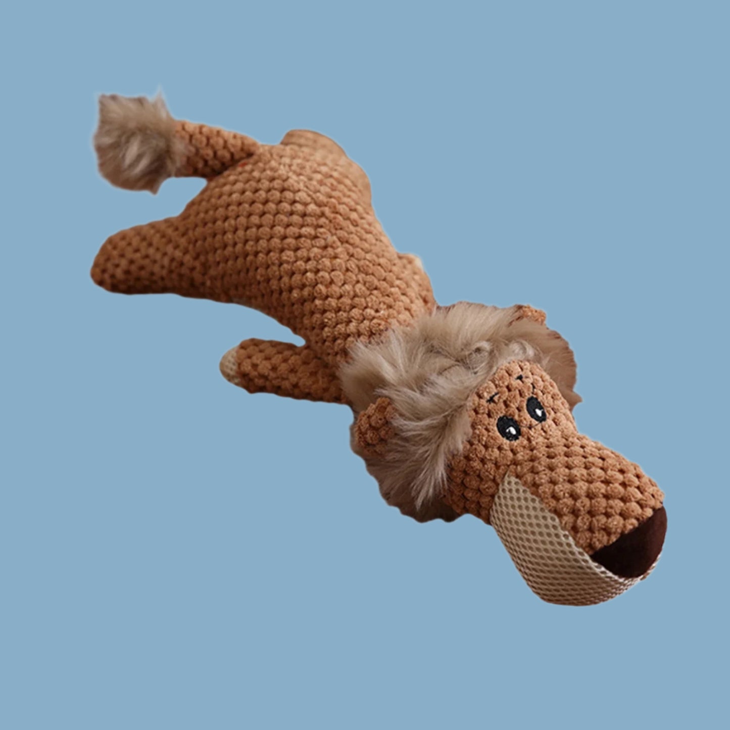 Brown knitted dog toy shaped like a horse on a white background