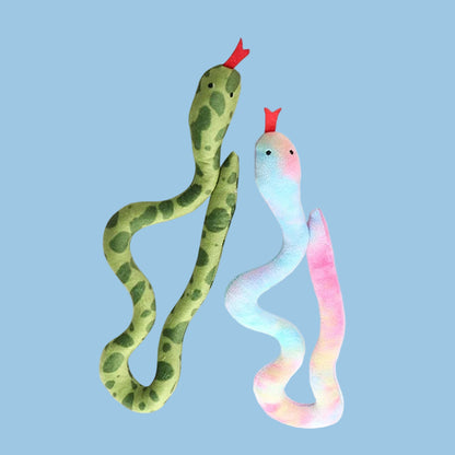 Two plush snake toys, one green with red accents and the other multicolored, on a white background.