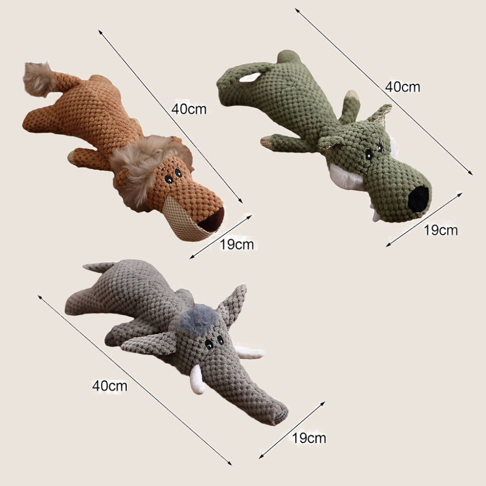 Three crocodile-shaped dog toys with measurements on a white background