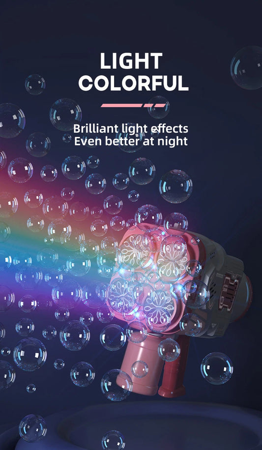 Bubble gun with colorful light effects and bubbles on a dark background