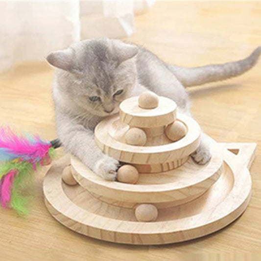 Wooden Multi-Level Cat Toy Tower with Disc