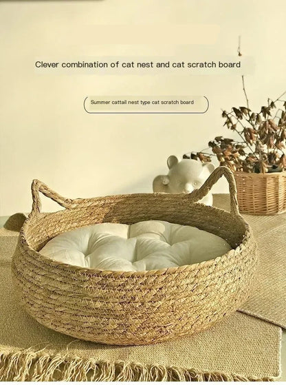 Woven cat bed with white cushion on a neutral background
